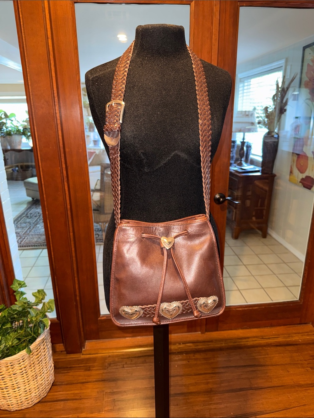 Vintage Brighton Braided Strap Brown Leather Shoulder Bag with Heart Accents